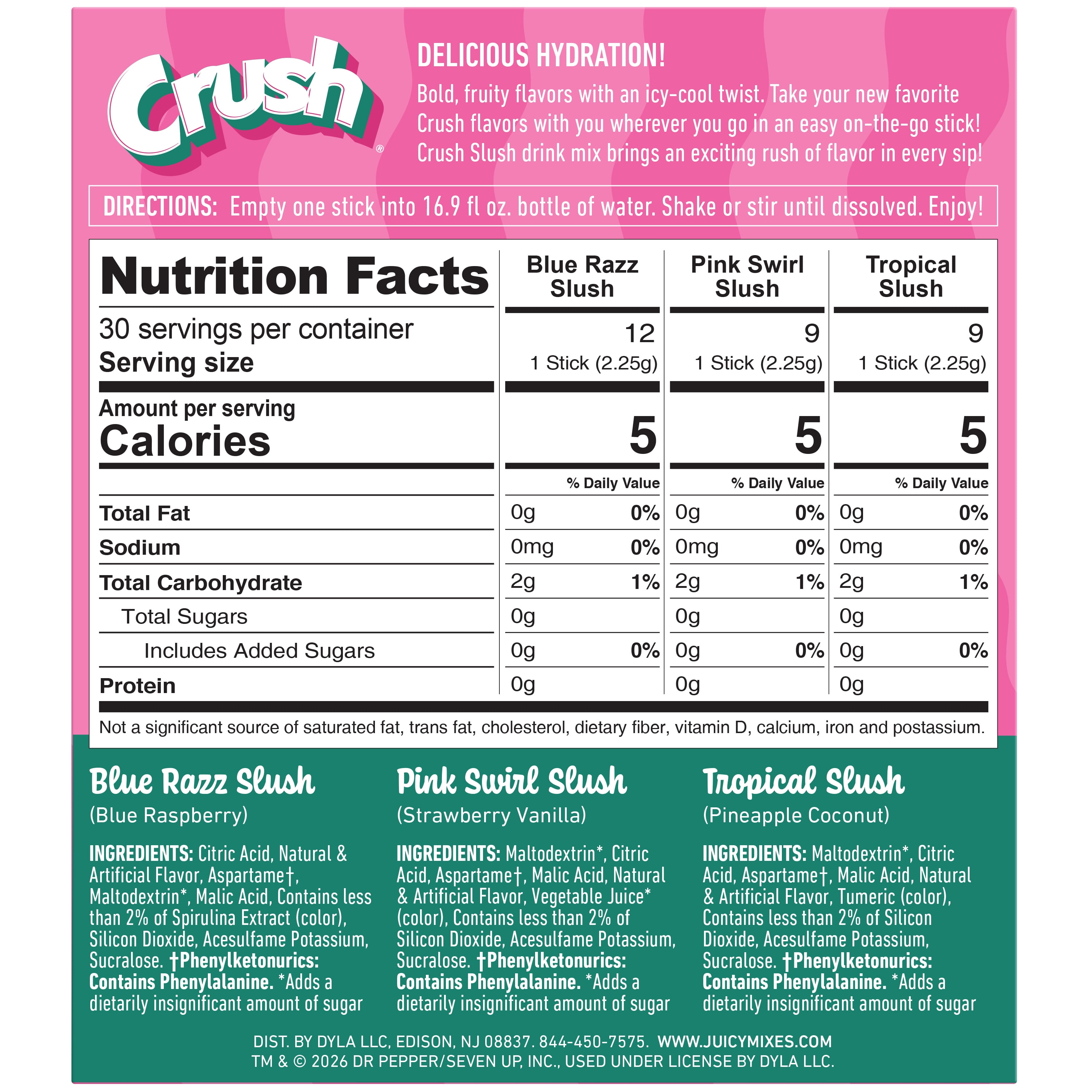 (6 pack) Crush Slush Powder Drink Mix Variety Pack, Blue Razz, Pink Swirl & Tropical, 30 Sticks