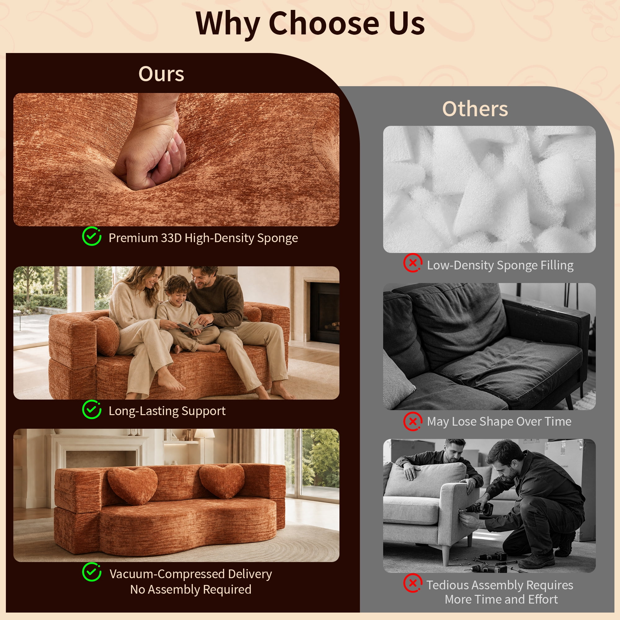 78.74"W Heart-Shaped Convertible Sofa,Floor Couch,Sleeper Sofa Bed,No Assembly High-Density Sponge Loveseat with 2 Heart Pillows for Living Room, Apartment,Burnt Orange