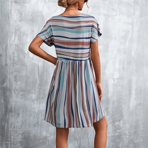 Vestido Suelto Casual Vestido Casual De Verano Vestido Casual Vestido De Verano Vestido De Manga Corta De Mujer Raya Impresa Cuello Redondo Estilo Casual Vestido Suelto Para El ANGGREK Caqui M