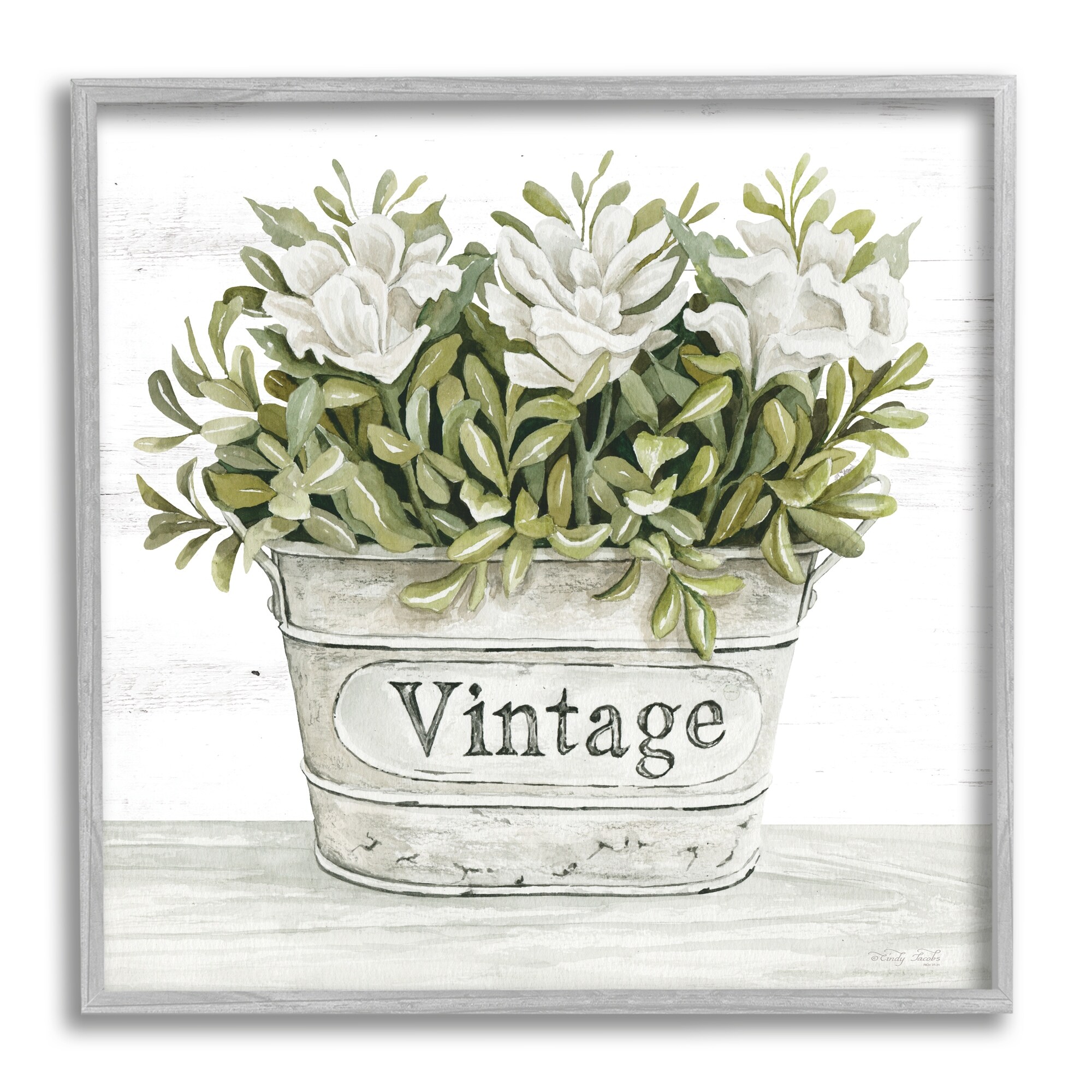 Stupell Industries Vintage Flower Planter Rustic Blooms Full Leaves Painting Gray Framed Art Print Wall Art, Design by Cindy Jacobs