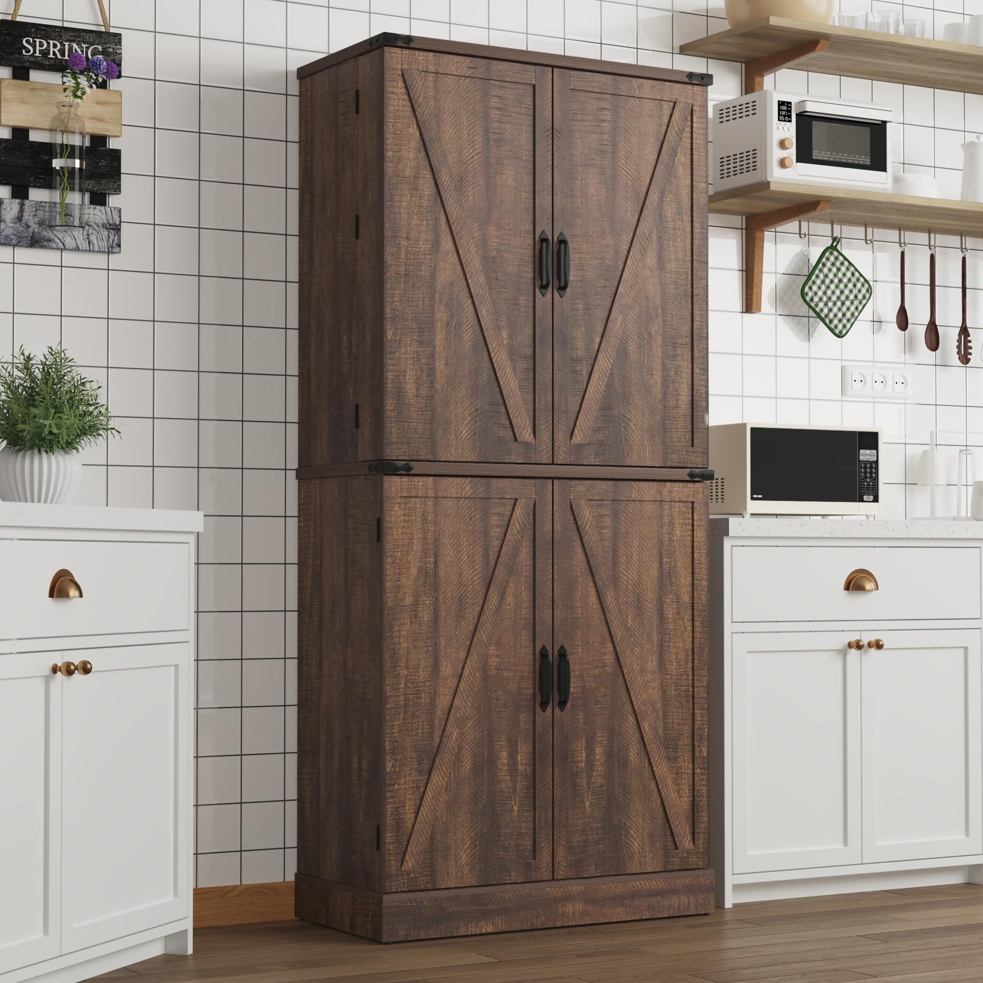 ChVans Farmhouse 71" Tall Kitchen Pantry with 6 Hanging Shelves, 4 Barn Doors Pantry Storage Cabinet with 3 Drawers & Load-Bearing Steel Pipe for Kitchen, Dining Room, Living Room, Rustic Brown