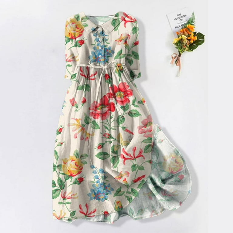 Fulijie Women's Casual Art Floral Print Button Midi Long Sleeve