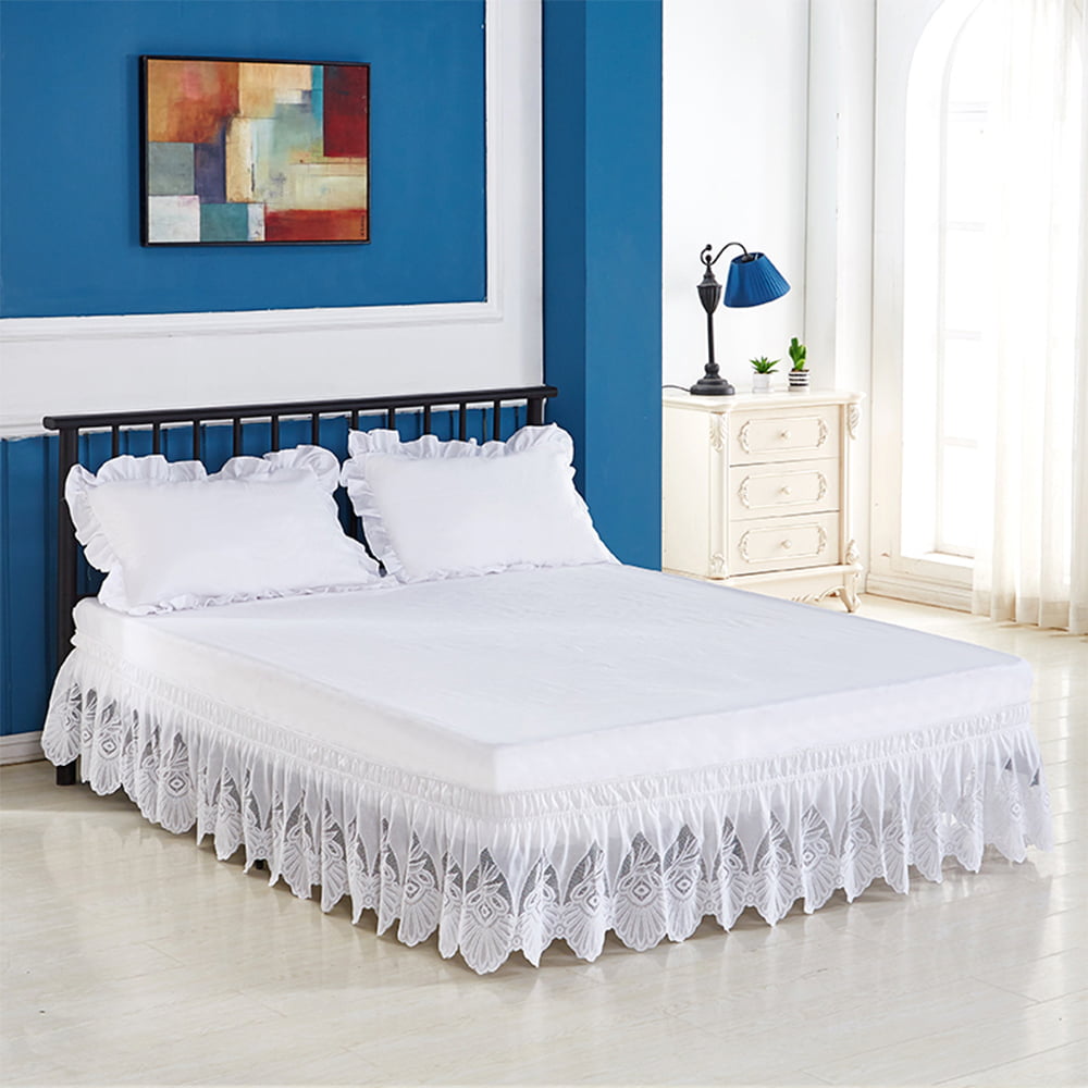 Lace Pleated Elastic Ribbon Bed Skirt Dust Ruffle Valance Drop Home Bedding 