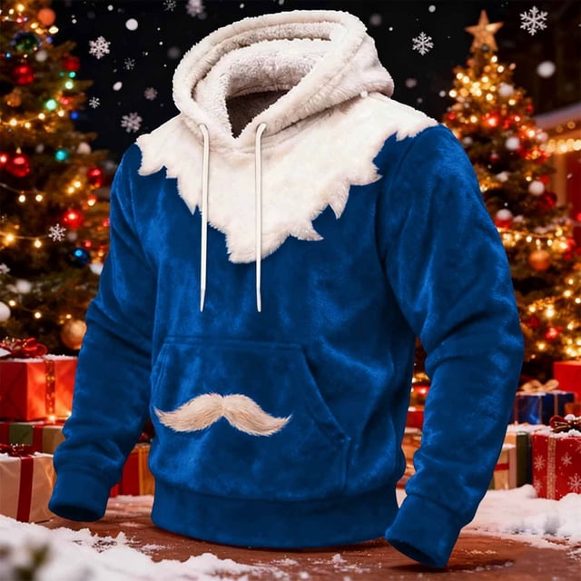 Ceisia Cozy Fleece-Lined Mens Loose Fit Santa Style Color Block Hooded Sweatshirt Gifts