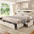 thumbnail image 2 of Amuzer Platform Bed Frame King Size with 5 Storage Drawers, Hidden Storage Headboard,with LED Light,Charging Station, Velvet Button Tufted Upholstered Headboard,Beige, 2 of 10