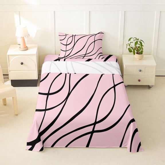 Homewish Abstract Lines Twin Sheets,Minimalism Artwork Bedding,Black Pink,3 Pieces,1 Fitted Sheet and 1 Pillowcase