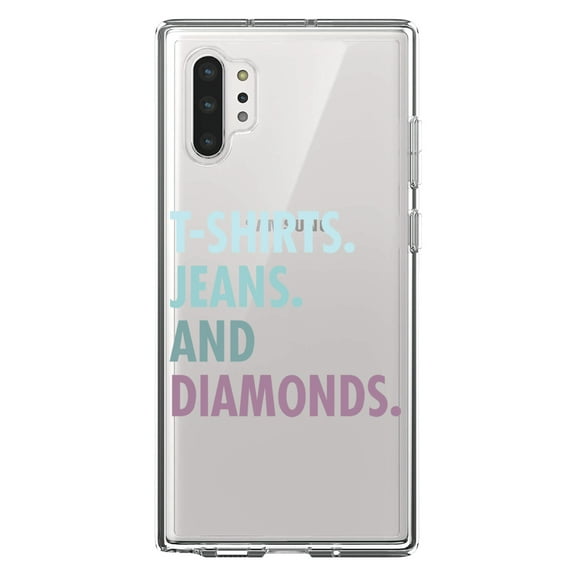 DistinctInk Clear Shockproof Hybrid Case for Galaxy Note 10 PLUS (6.8" Screen) - TPU Bumper Acrylic Back Tempered Glass Screen Protector - T-Shirts Jeans and Diamonds
