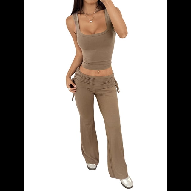 Conjuntos de 2 Piezas para Mujer, Conjuntos de Estar por Casa, Camisetas Sin Mangas, Pantalones Anchos y Chándales Color Café M