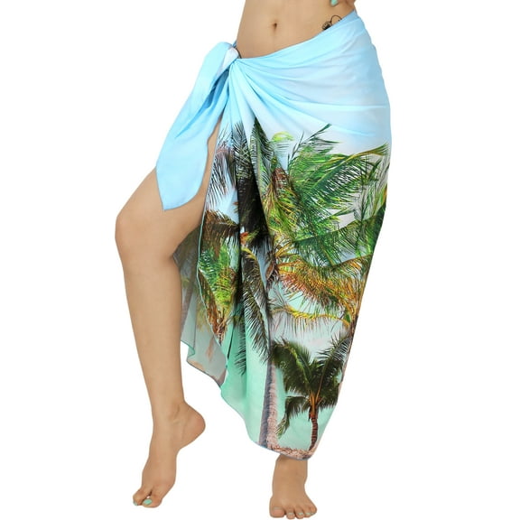 LA LEELA Women's Swimwear Coverups Skirt Long Beachwear Pareos Summer Wraps Beach Vacation Sarong Beach Swim Cover ups for Women One Size Blue, Palm Tree