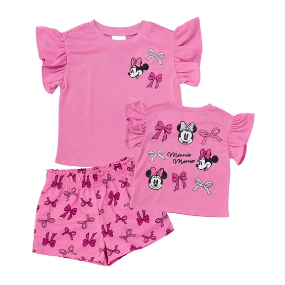 Disney Minnie Mouse Outfit for Girls, 2 Piece Ruffle T-Shirt and Shorts Set, Toddler & Little Kids Clothes (Pink, 4)