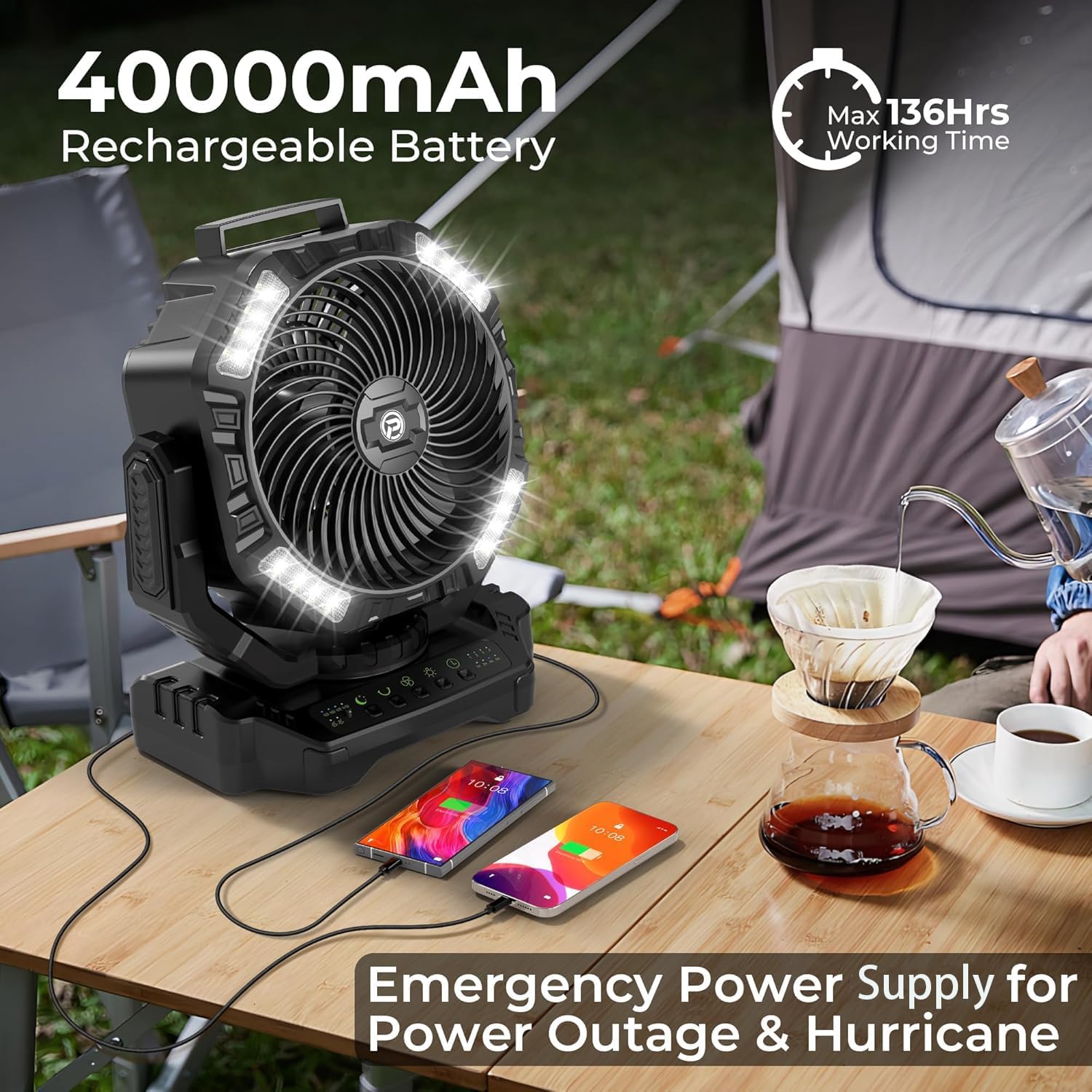 40000mAh Camping Fan with Light - 12in Rechargeable Battery Powered Fan (136H Cool Max), 90Auto Oscillating with Remote & Charger, 4 Speeds & Timers for Outdoor/Patio/Garage/Jobsite/Hurricane/Outage