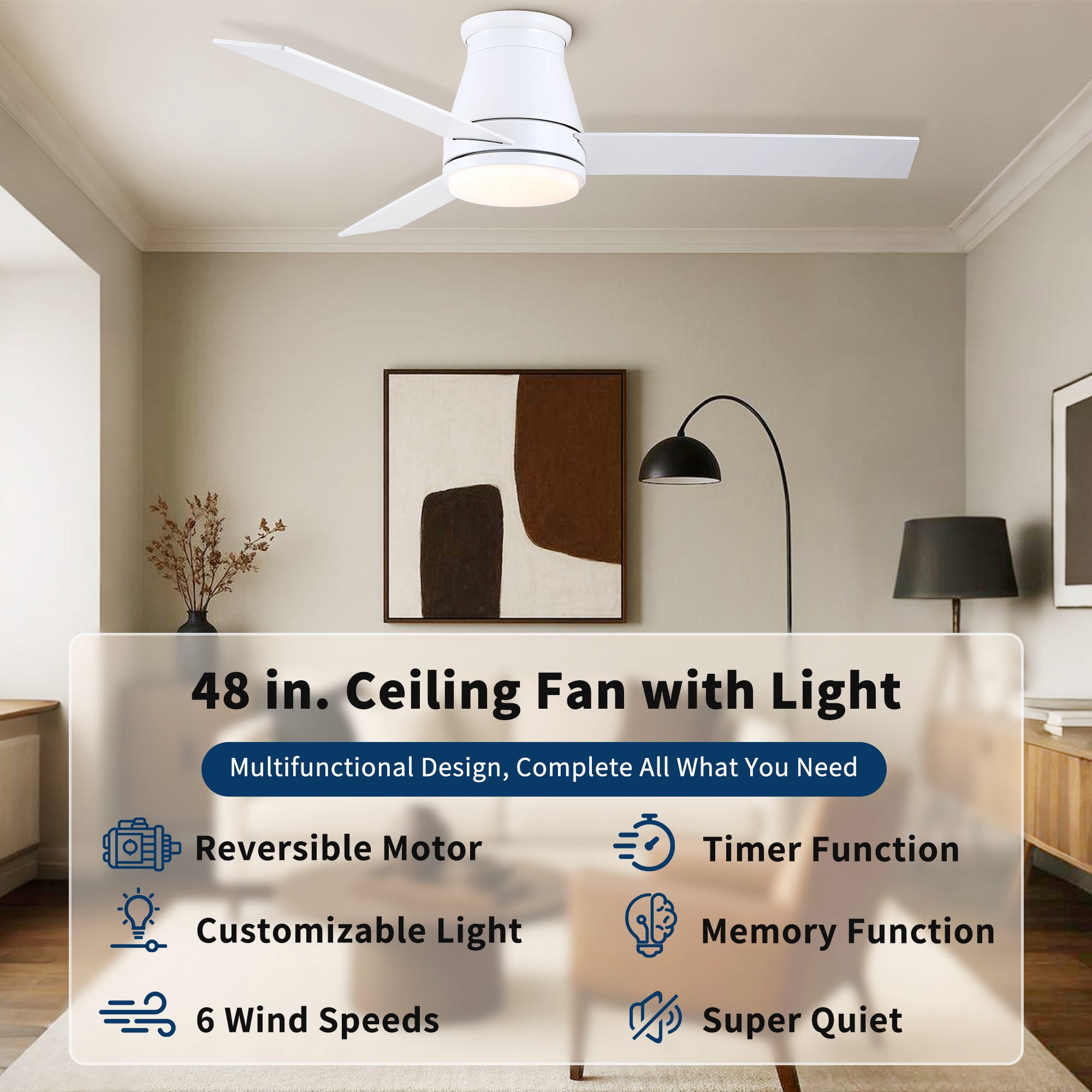 BoFang 48 inch Ceiling Fan with Light, Low Profile Flush Mount, Remote Control, DC Motor,White