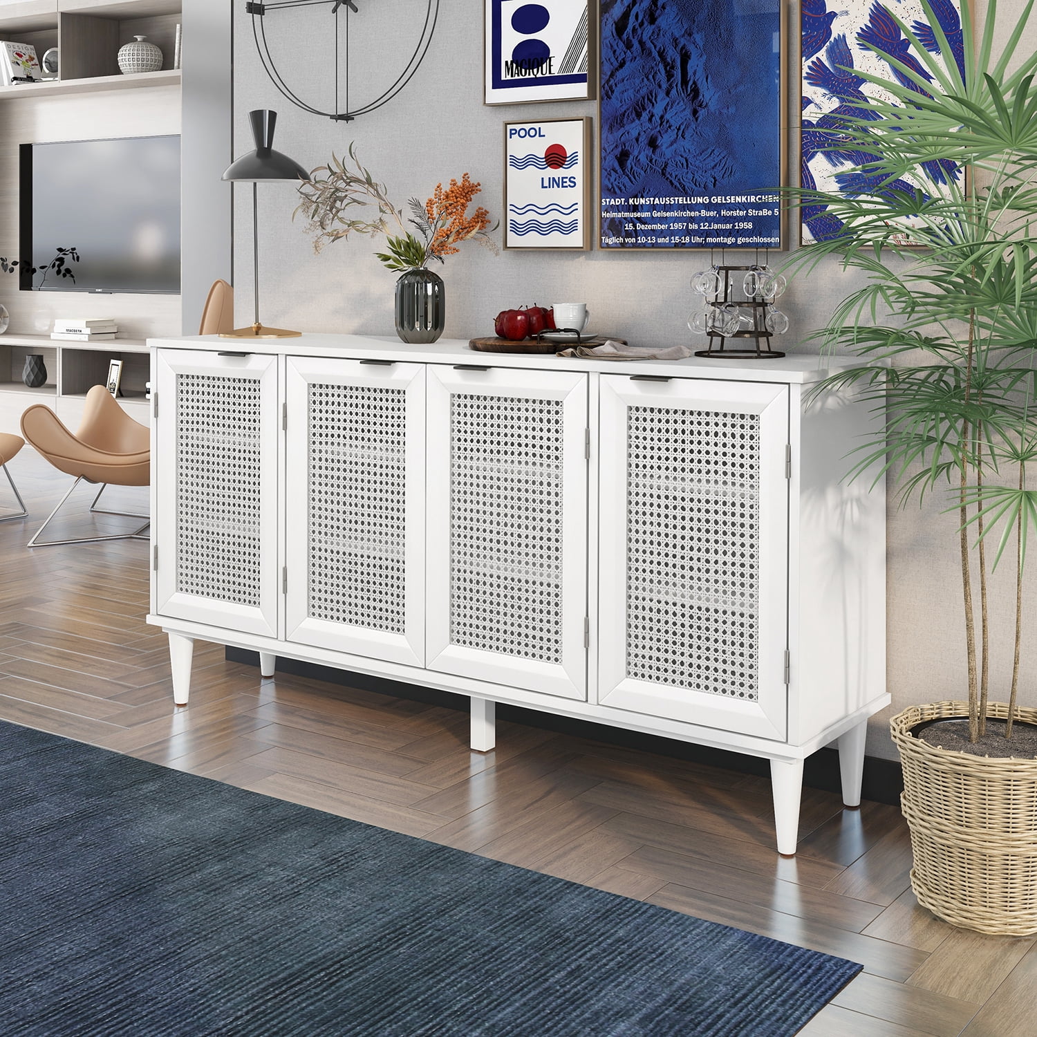 Kadyn Large Storage Space Sideboard, Floor Storage Cabinet for Living Room, Storage Sideboard Buffet Cabinet with Artificial Rattan Door, White Kadyn Large Storage Space Sideboard, Floor Storage Cabinet for Living Room, Storage Sideboard Buffet Cabinet with Artificial Rattan Door, White