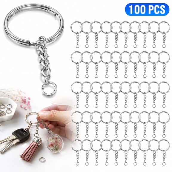Key Chain Rings 100 Pack, DEALLY Keychain Making Kit with Chain 1 Inch Silver Metal Split Rings for Crafts, DIY Jewelry Key Holder Accessories