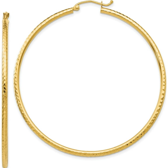 10K Yellow Gold Diamond-Cut 2Mm Round Tube Hoop Earrings (Width 2) (Length 55) - Jbsp