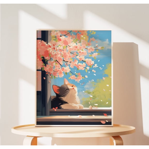Calico Cat Poster, Sleeping Cats Print, Cherry Blossom Art, Japan Wall Decor Cute Cat Gifts For Birthday Wall Art, Modern Wall Decor, 8x12 UNFRAMED