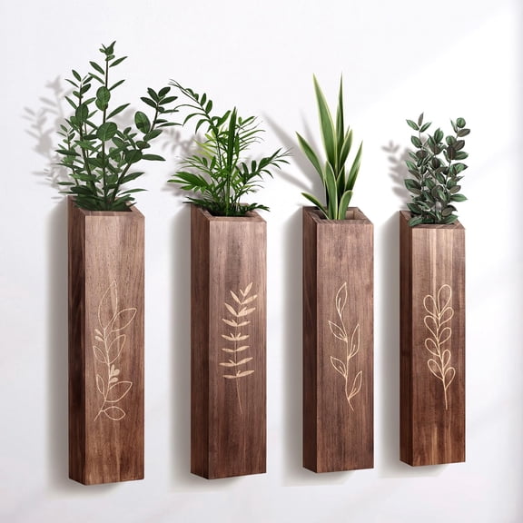 4 Pack Wood Indoor Wall Planter, Modern Boho Wall Decor for Living Room Bedroom, Farmhouse Pocket Vases for Dried Flowers and Faux Greenery Plants