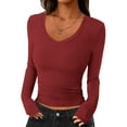 thumbnail image 2 of Long Sleeve Shirts for Women V Neck Fitted Fall Basic Tshirts Going Out Tops 2025 Casual Trendy Clothes Wine L, 2 of 5