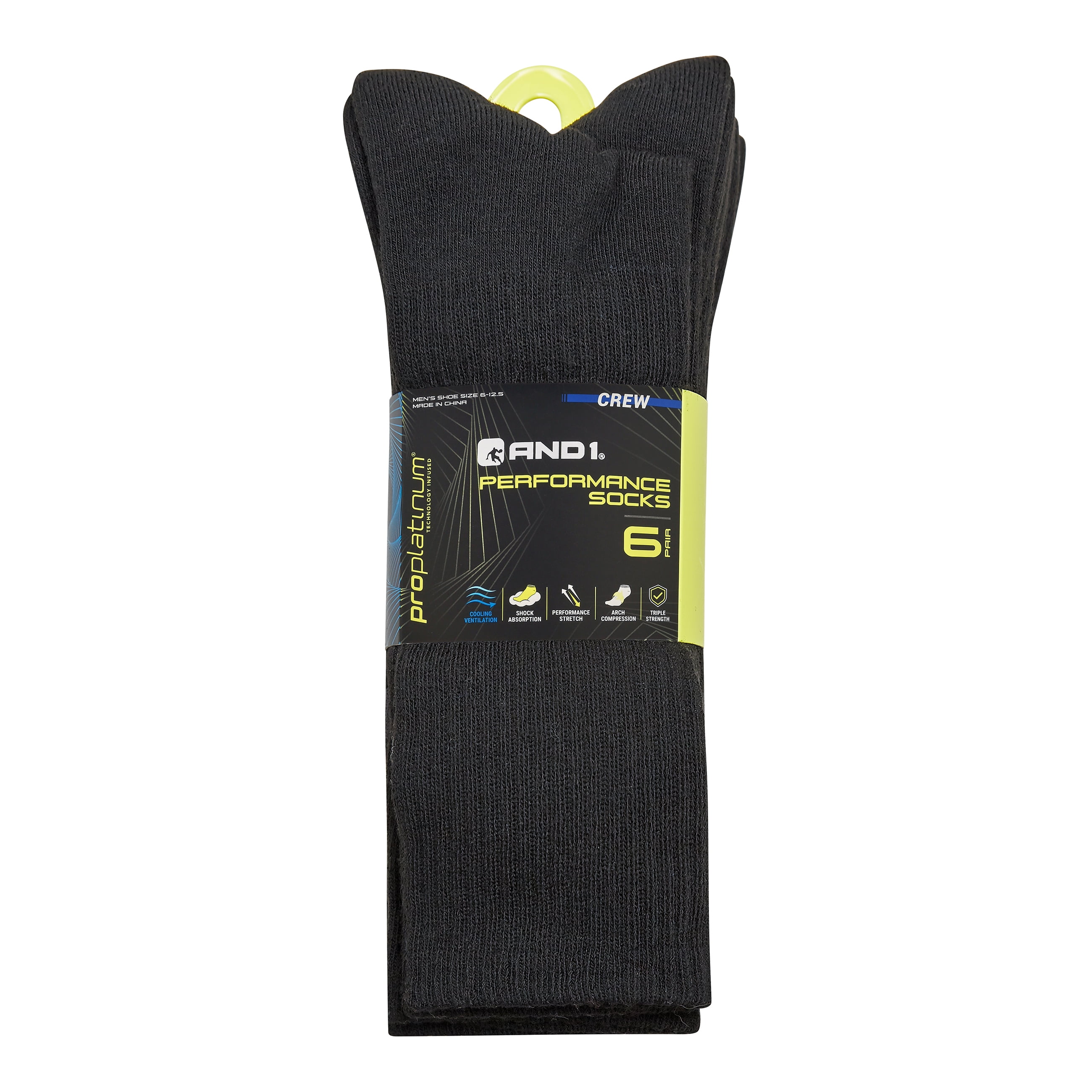 AND1 Men's Socks, Performance Cushion Crew Socks, 6-Pack