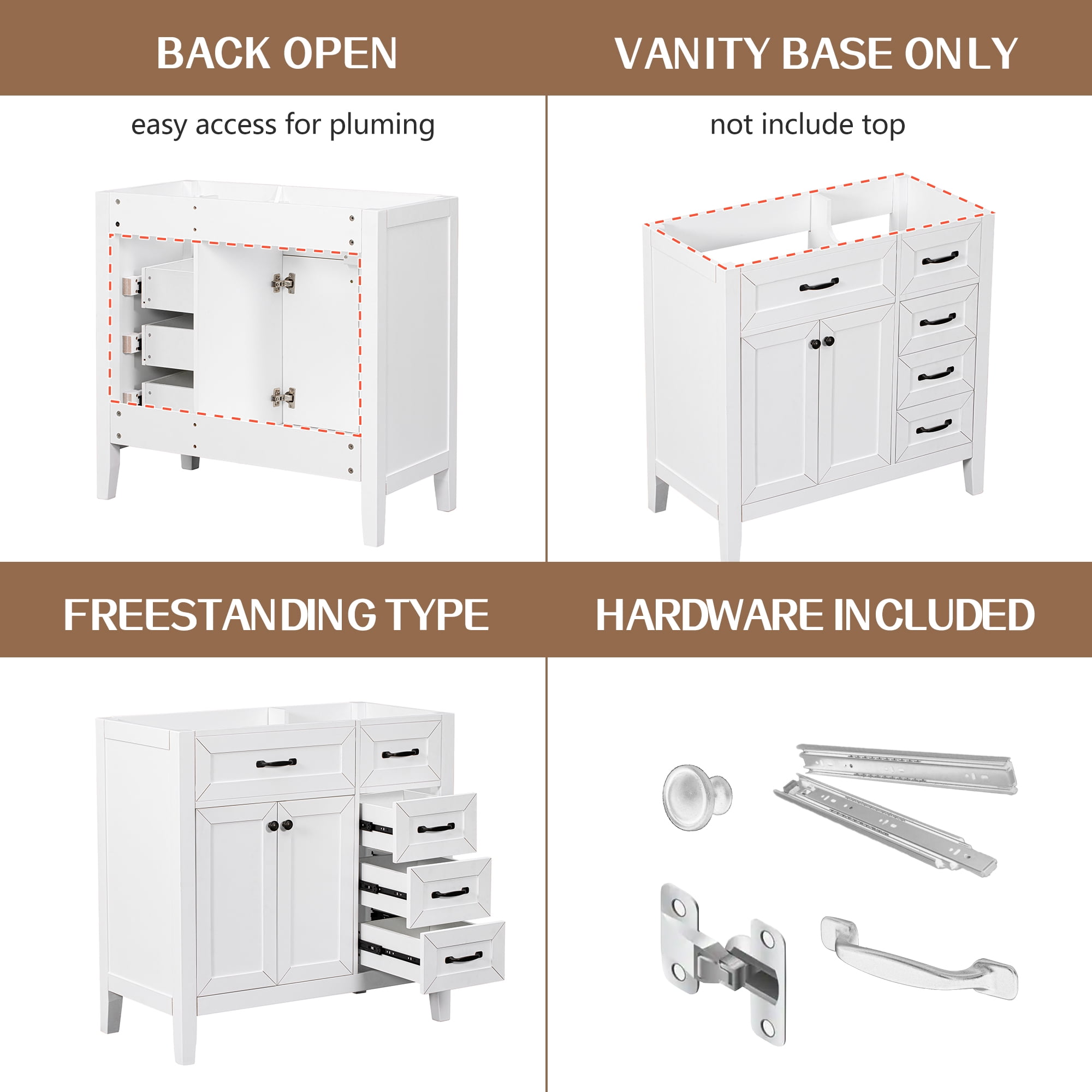 Aukfa Modern Bathroom Vanity without Sink, Freestanding Bathroom Cabinet with Drawers, Solid Frame,White