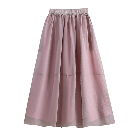 Ashirexll Skirts for Women Summer Lightweight Comfortable Breathable Temperament High Waist Solid Color Splicing Pocket A-Line Long Flowy Skirts for Women Pink Free Size