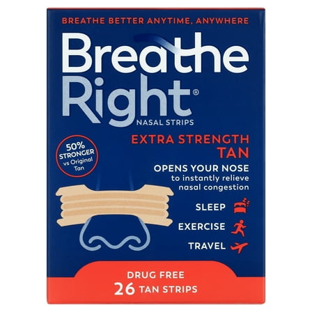 Breathe Right Nasal Strips, Extra Strength, Tan Nasal Strips, Help Stop Snoring, Drug-Free Snoring Solution & Instant Nasal Congestion Relief Caused by Colds & Allergies, 26 Ct.