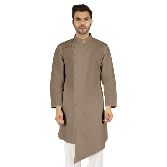 Atasi Casual Solid Long Sleeve Cotton Kurta For Indian Mens Mandarin Collar Irregular Hem Ethnic Shirt