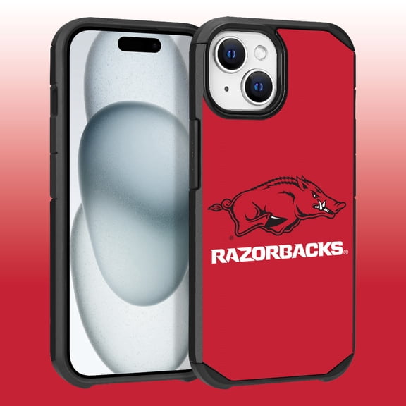 Apple iPhone 15 Plus (6.7) / Apple iPhone 14 Plus (6.7) - Licensed NCAA University of Arkansas Razorbacks Logo on Red Textured Dual Layer Case