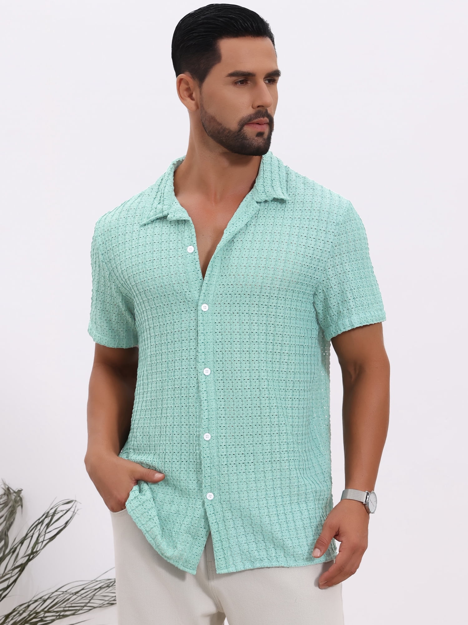DARING DIVA Men's Casual Knitted Hollow Out Short Sleeve Shirt S Light Blue