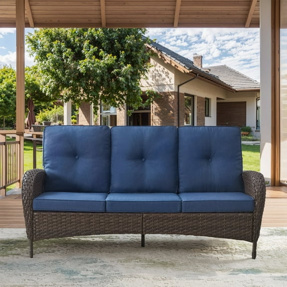 POCASSY 72" Wide Outdoor Sofa Furniture Brown Outdoor Wicker Sofa Weather Resistant Rattan with Deep Seat for Patio Backyard Porch, Blue