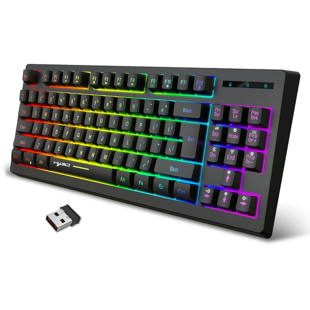 Teclado de membrana inalámbrico HXSJ L100 2,4G, diseño de 87 teclas, efecto de luz RGB, tapa de llave ABS, batería de litio integrada de 1800mAh, negro Romacci Teclado