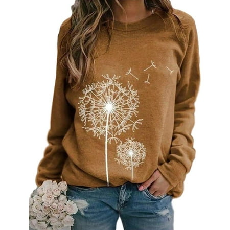 

DENGDENG Oversized Sweatshirt for Women Long Sleeve Graphic Womens Plus Size Pullover Sweaters Crew Neck Loose Fit Tops for Women Work Casual Dandelion Printed Maternity Clothes for Women Khaki XXL