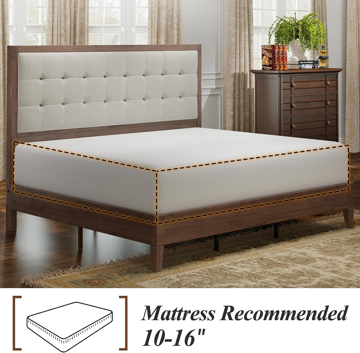 LUXOAK Queen Bed Frame, Wood Platform Bed with Upholstered Headboard, Walnut