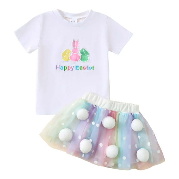Girls' Easter Bunny Rainbow Mesh Dress Set White T Shirt & Skirt For Summer Festivals Cutest Outfits for Teens 4t Girl Summer Outfits