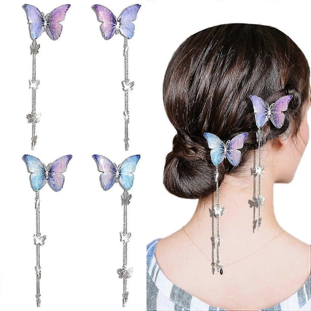 Pinzas para el cabello con forma de mariposa, 2 pares de horquillas moradas con colgante de mariposa de metal.