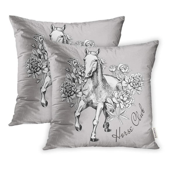 BOSDECO Drawing Horse Black White Sketch Rose Vintage Equestrian Flower Jump Pillowcase Pillow Cover 16x16 inch Set of 2