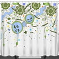 thumbnail image 1 of Whimsical Halloween Shower Curtain - Green Spiderwebs, Bats & Spooky Creature Design, 1 of 4