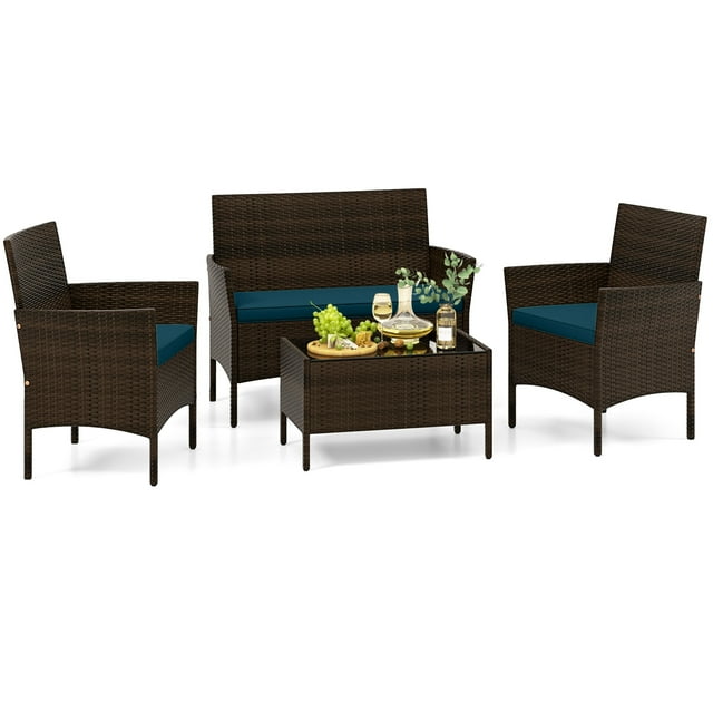 Patiojoy 4 Piece Patio Rattan Conversation Set Outdoor Wicker Furniture Set w/ Chair Loveseat & Tempered Glass Table Peacock Blue
