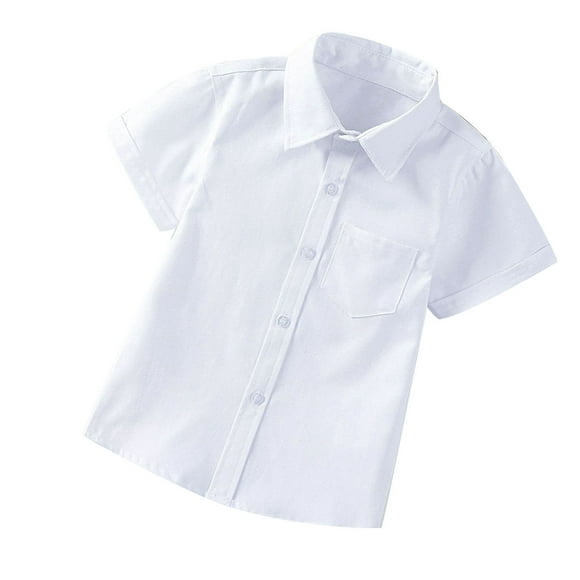 QIPOPIQ Dégagement Garçons Uniforme Robe Chemise Manches Courtes Bouton-Up Chemise Oxford, Blanc Tailles 2T-18T