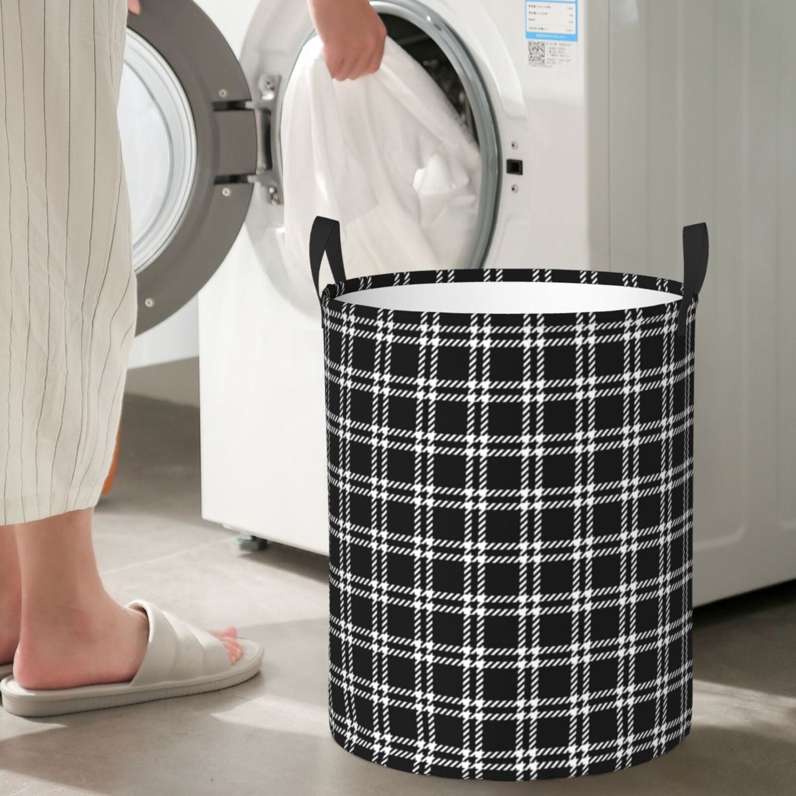 Large Laundry Basket with Handles - Black white Checkered Plaid Kids Baby Dirty Clothes Laundry Hamper for Bedroom Aesthetic