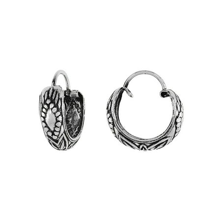 Sterling Floral Earrings - 3 Pairs Sterling Silver Tiny Hinged Hoop Earrings Floral Pattern, 1/2 inch