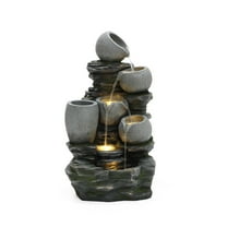 LuxenHome 3-Tier Gray Pots on Stacked Rocks 2.5-Feet Tall Outdoor Polyresin Fountain with Lights and Gray Side Planter