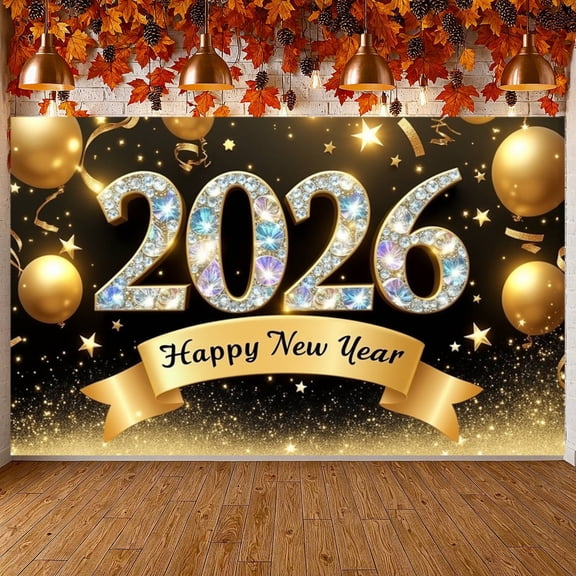 Golden Theme Happy New Year Banner Sparkling Crystal 2026 New Year Display Glittering Stars Gold Balloons New Year Backdrop for New Year Party 2026 Celebration Indoor Decoration