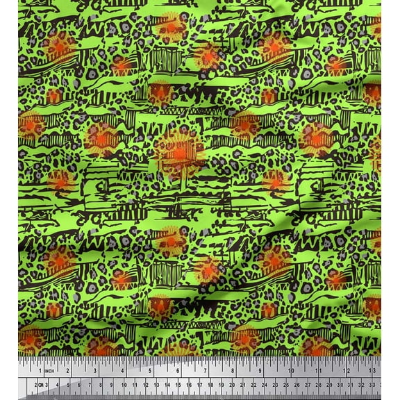 Soimoi Green Cotton Duck Fabric Floral & Leopard Animal Skin Print Fabric by Yard 42 Inch Wide