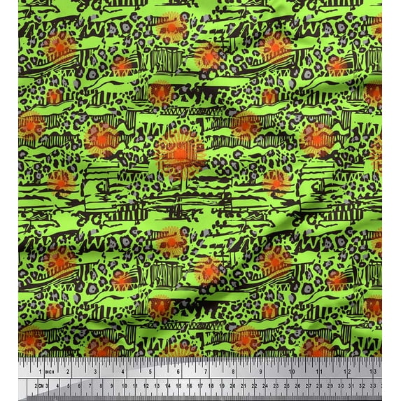 Soimoi Green Cotton Voile Fabric Floral & Leopard Animal Skin Printed Fabric 1 Yard 42 Inch Wide
