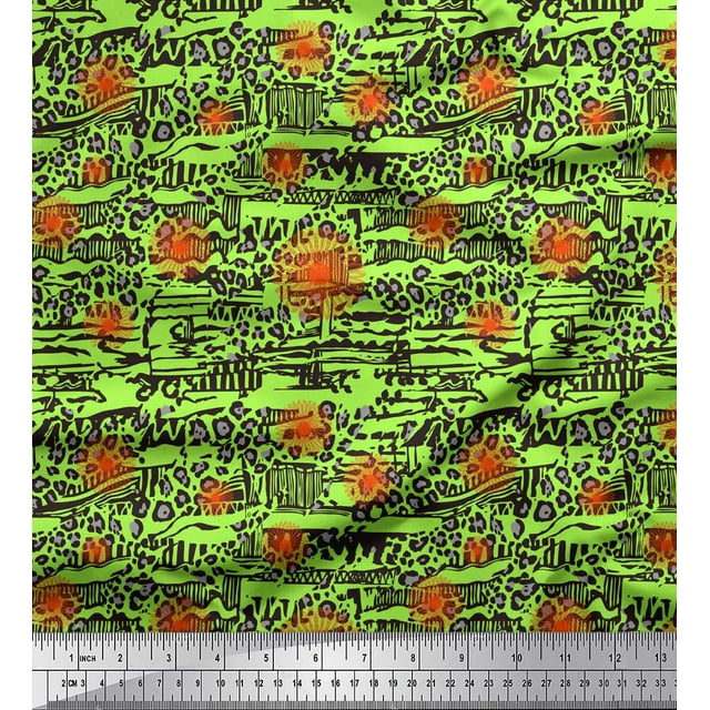 Soimoi Green Poly Georgette Fabric Floral & Leopard Animal Skin Print Fabric by Yard 42 Inch Wide