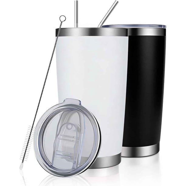 2PCS Vaso Térmico Doble Pared de Acero Inoxidable 304, Taza Termica Frio y Caliente, Termo Infusor de Vacío Doble con Tapa y Pajita, Cepillo de Limpieza (Negro + Blanco)