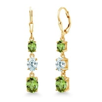 Gem Stone King 18K Yellow Gold Plated Silver Green Peridot 3 Stone Dangle Earrings for Women (5.34 Cttw, Gemstone August Birthstone, Oval 8X6MM, 7X5MM and 6X4MM)