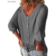 thumbnail image 4 of BadPiggies Womens Plus Size Loose Blouse 3/4 Sleeve Back Buttons T Shirts Casual V Neck Solid Tops For Summer Fall (XL, Gray), 4 of 9