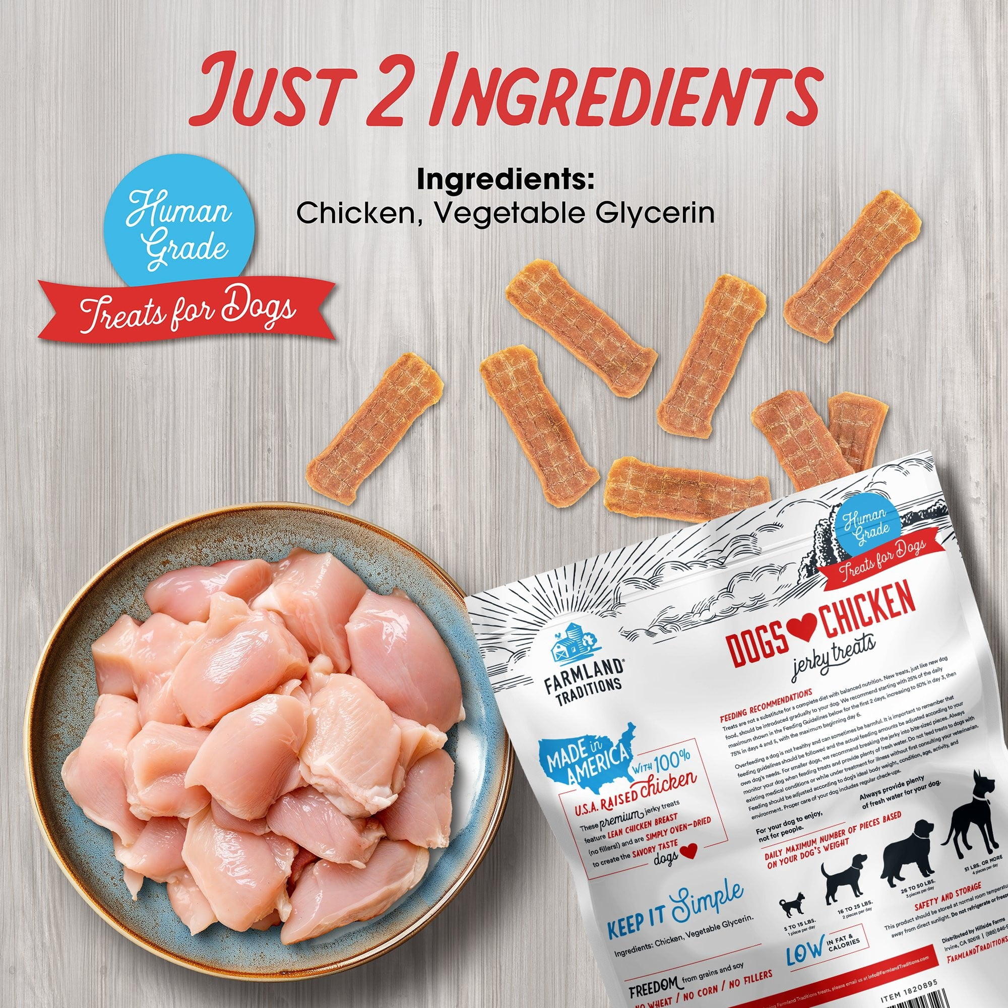 Farmland Traditions Dogs Love Chicken Jerky Dog Treats, Premium Two-Ingredient Dog Jerky with USA-Raised, Human-Grade Chicken & No Antibiotics Ever, 3-Pound Bag